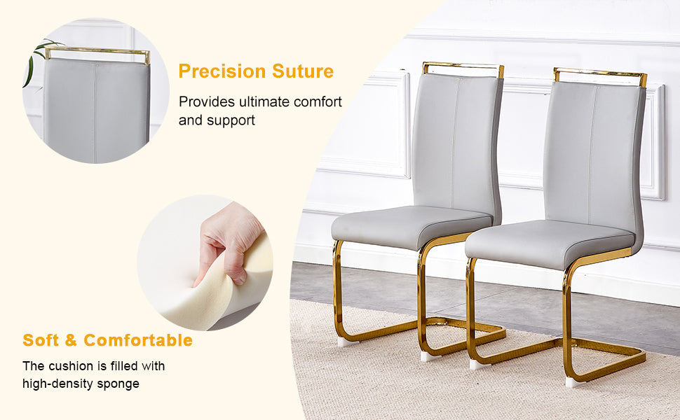 Table and chair set.Subtle Luxury Clear Tempered Glass Dining Set - 71"x35.4" with 6 Light Gray PU Chairs.C-tube Gold Metal Chair Legs.Bring a comfortable home experience to the kitchen, bedroom.