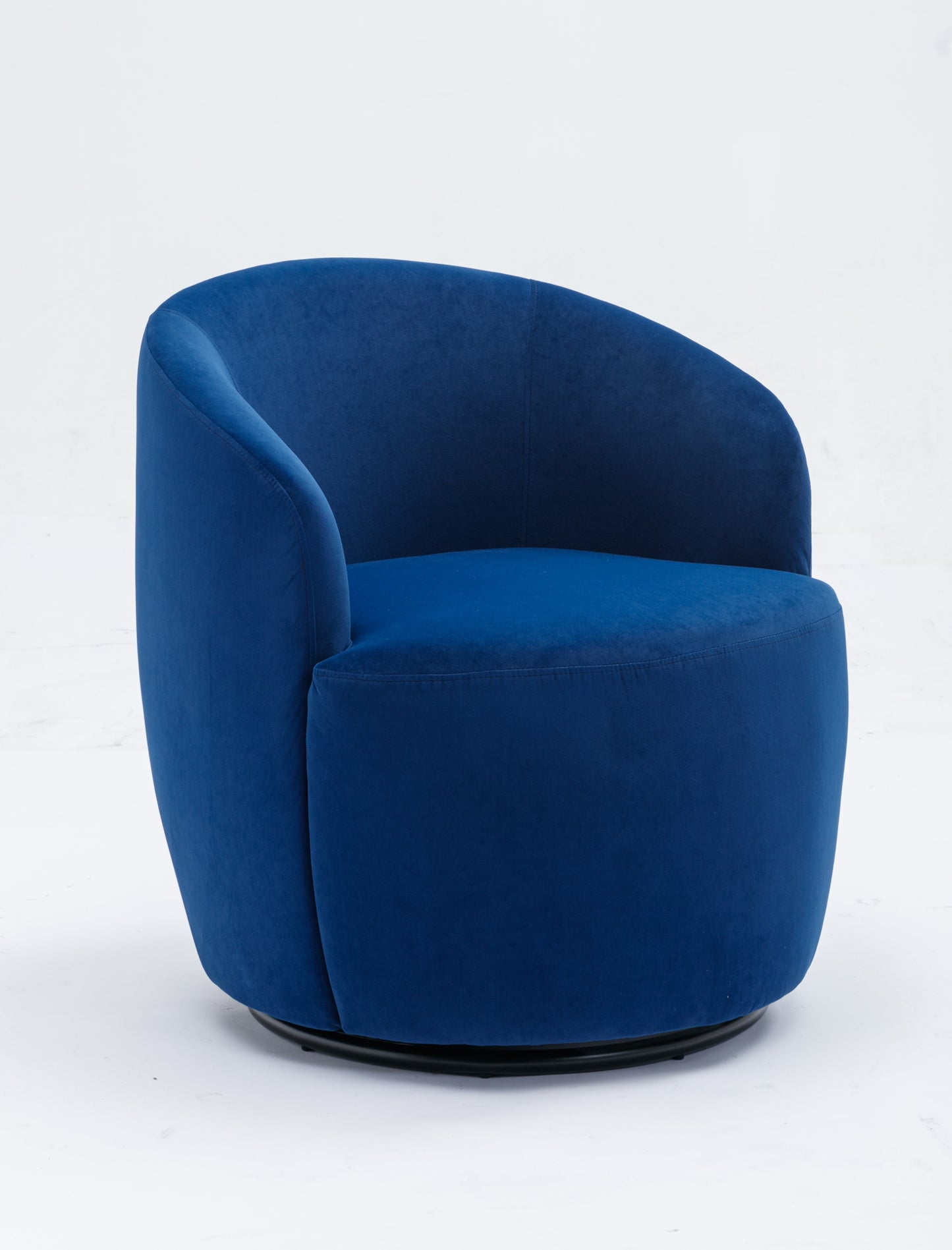 Sillón giratorio de terciopelo con acento tipo barril y aro metálico con revestimiento en polvo negro, color azul
