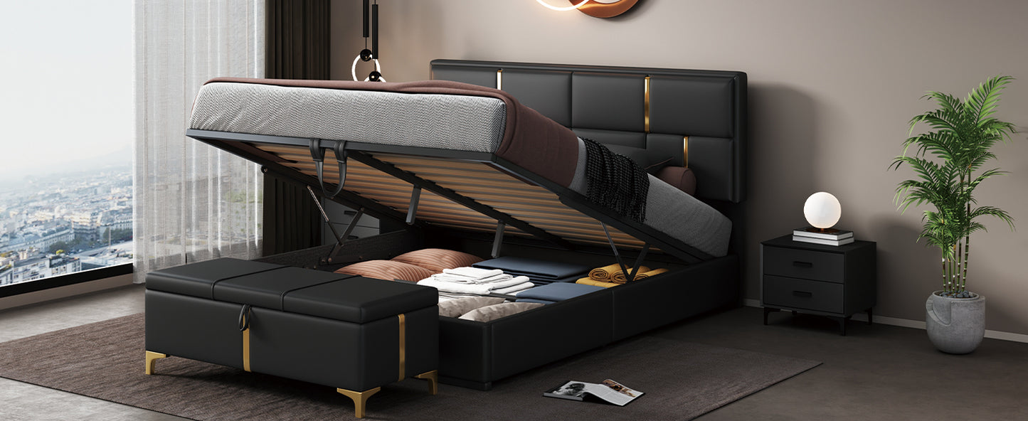 Juego de dormitorio de 2 piezas, cama Queen con plataforma tapizada y sistema de almacenamiento hidráulico, otomana con patas de metal, color negro