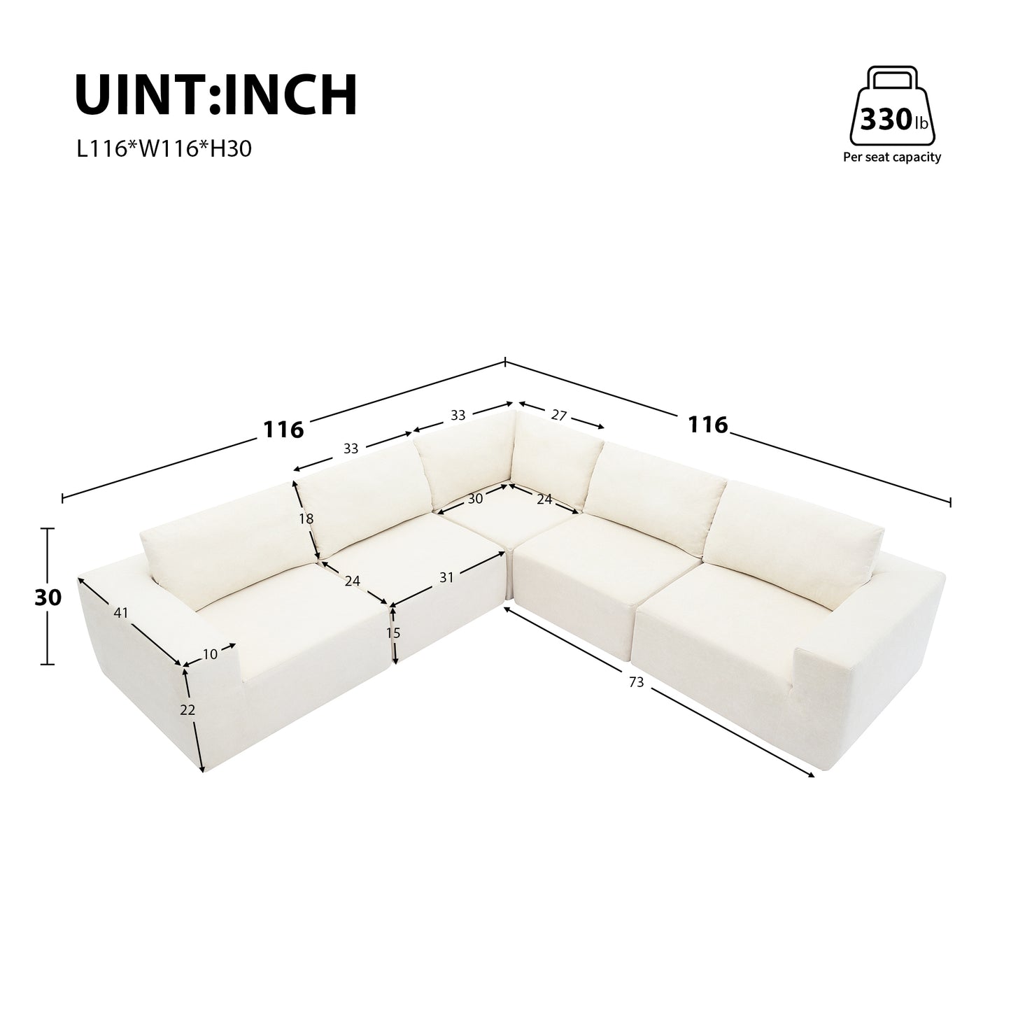 Sofá modular seccional en forma de L de 116 x 116 pulgadas, juego de sofá de piso de lujo, muebles de interior tapizados, sofá de espuma comprimida para sala de estar y dormitorio, combinación de 5 piezas, 3 colores