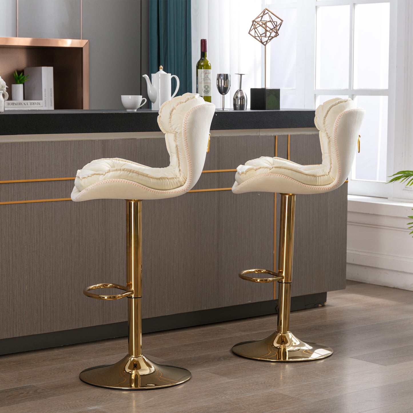 Set of 2 Bar Stools,with Chrome Footrest and Base Swivel Height Adjustable Mechanical Lifting Velvet + Golden Leg Simple Bar Stool-cream
