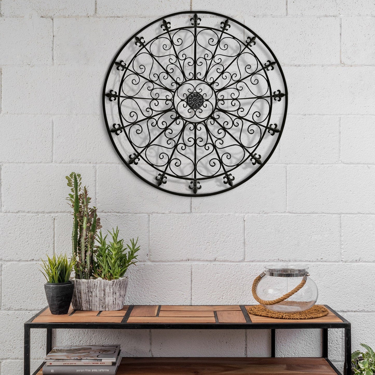 Medallón redondo de 42 pulgadas para pared, decoración de metal con acento, diseño circular hecho a mano, color negro antiguo