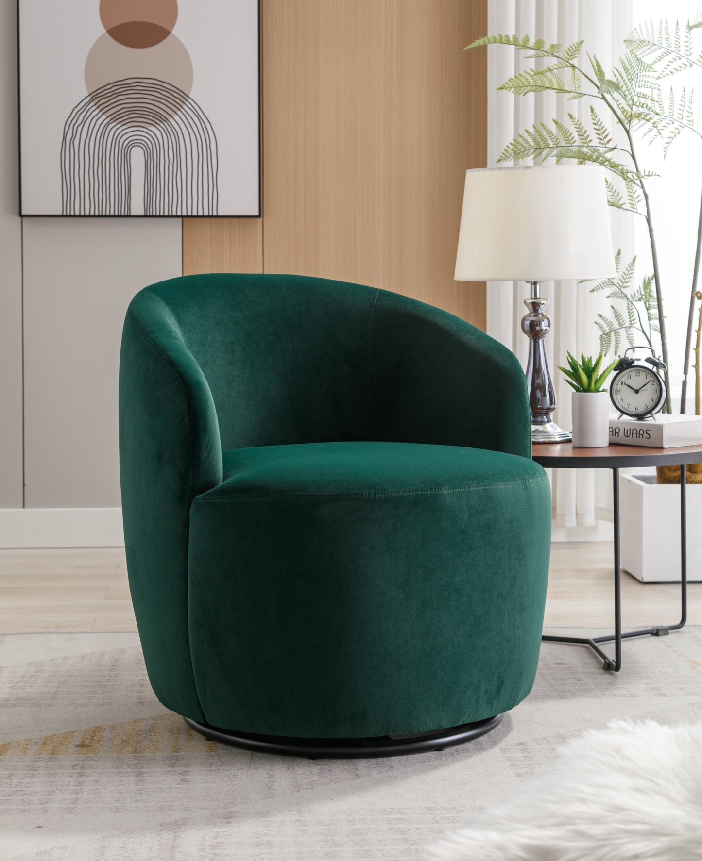 Sillón giratorio de terciopelo con acento tipo barril y aro metálico con revestimiento en polvo negro, color verde
