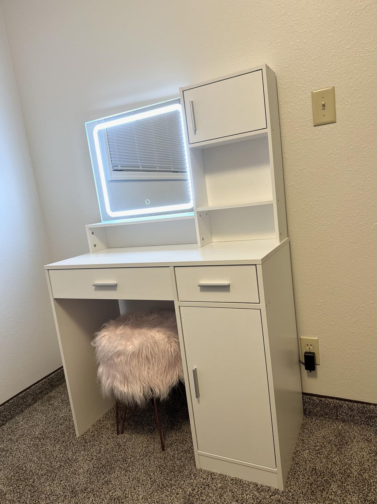 Tocador con espejo y tira de luz LED, tocador con cajón grande, 3 niveles de almacenamiento y 3 modos de iluminación con brillo ajustable, ideal para dormitorio (blanco)