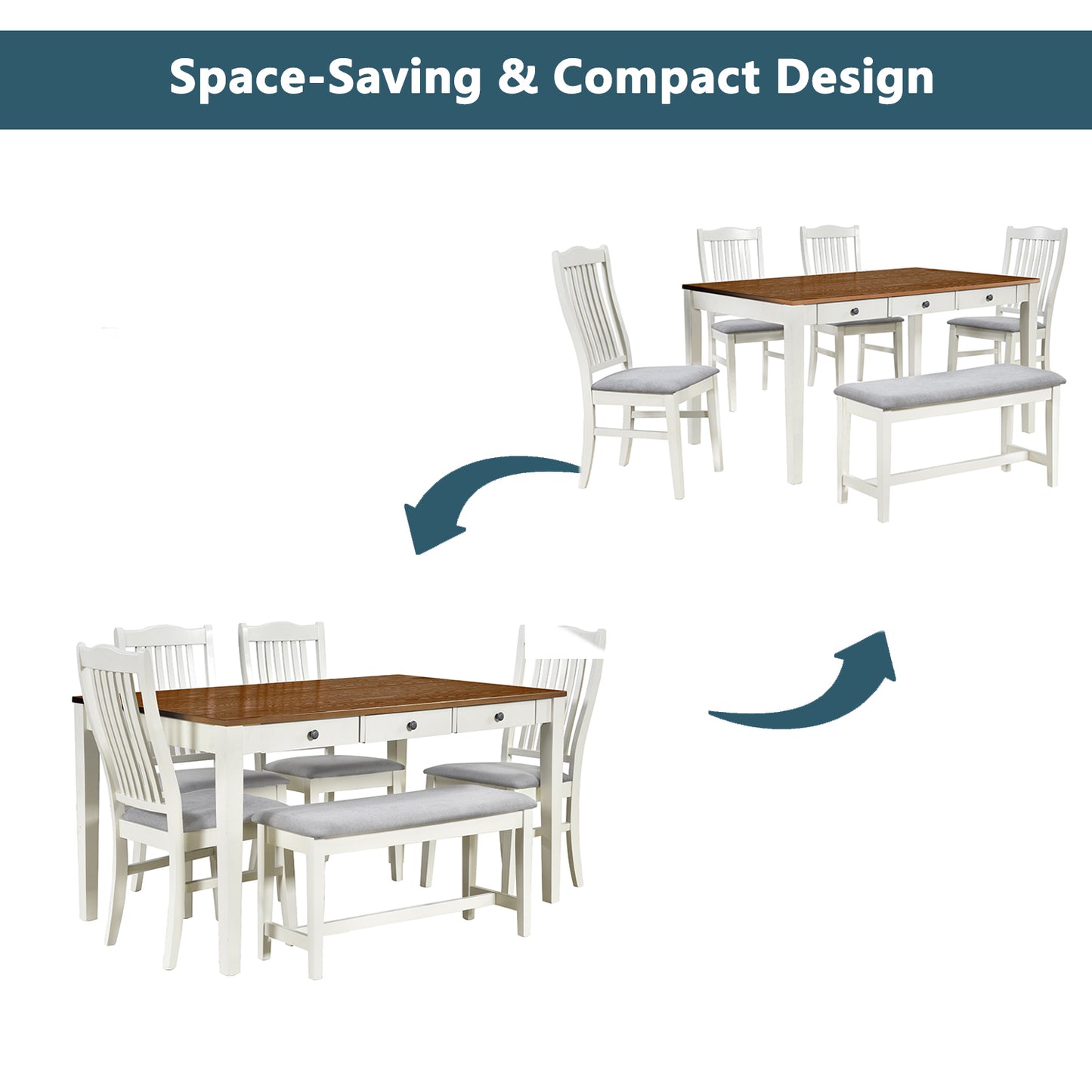 TOPMAX Mid-Century 6-Piece Wood Dining Table Set, Kitchen Table Set with Drawer, Upholstered Chairs and Bench, Butter Milk