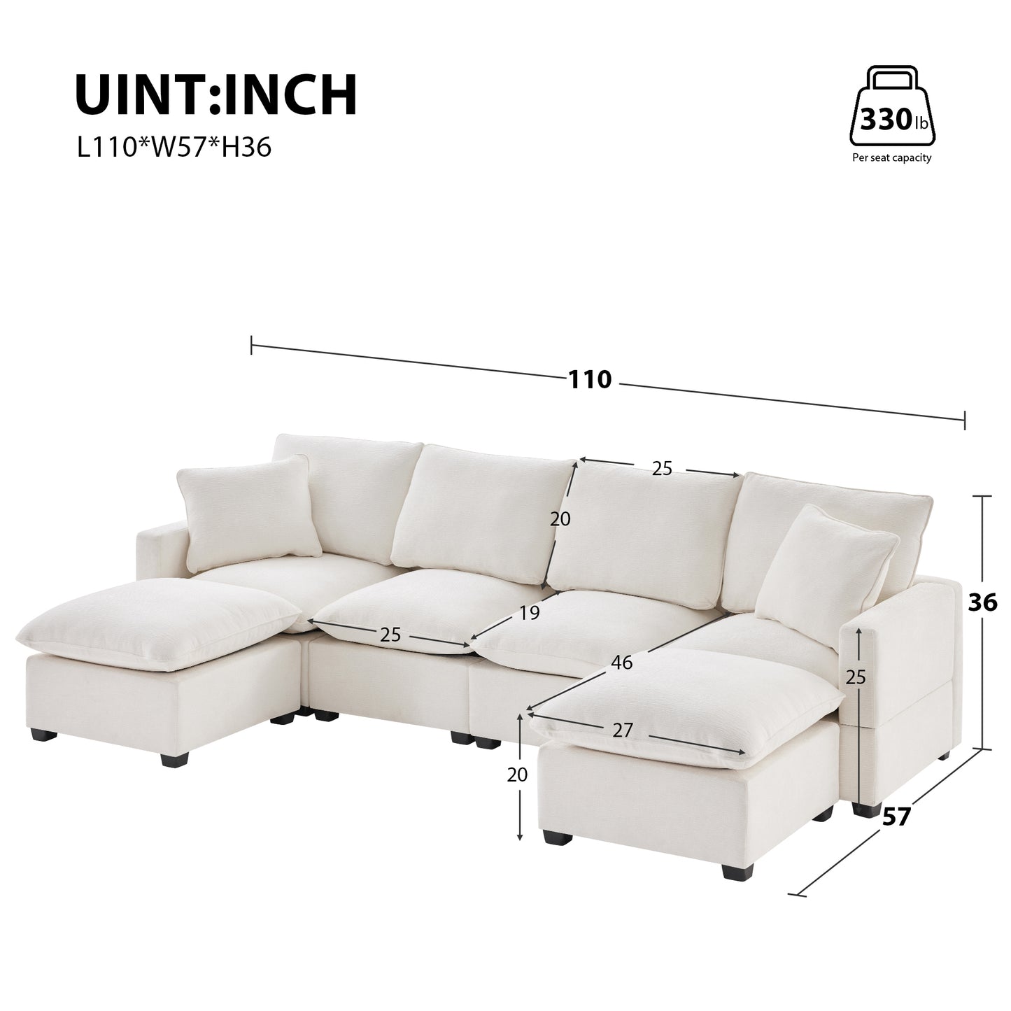 110*57" Modern U Shape Modular Sofa, 6 Seat Chenille Sectional Couch Set with 2 Pillows Included, Freely Combinable Indoor Funiture for Living Room, Apartment, Office, 2 Colors