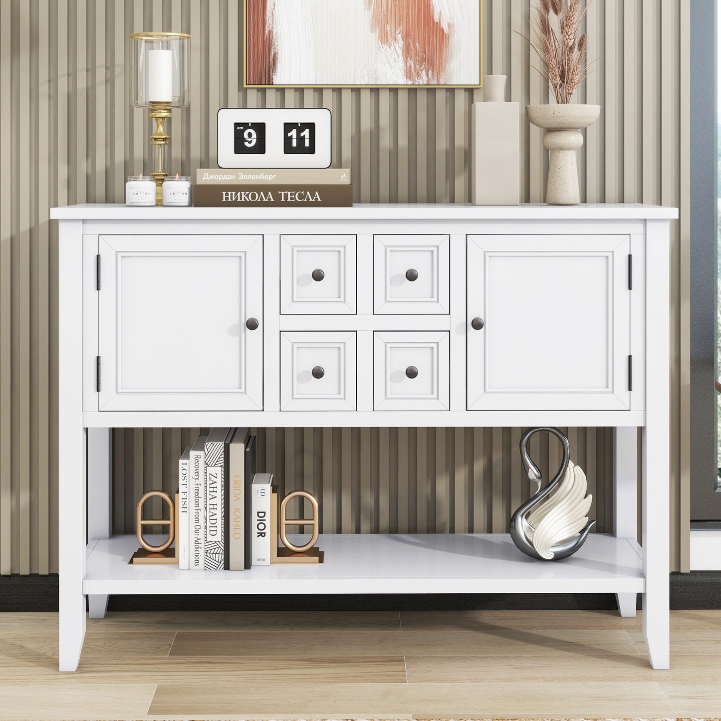 TREXM Cambridge Series Ample Storage Vintage Console Table with Four Small Drawers and Bottom Shelf for Living Rooms, Entrances and Kitchens (White, OLD SKU: WF190263AAA)
