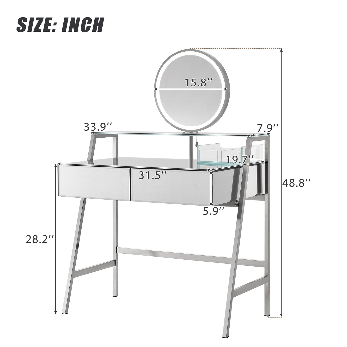 Tocador con espejo de 85 cm, espejo e iluminación, consola con espejo, 2 cajones grandes y estante abierto, tocador con estación de carga para dormitorio, color plateado