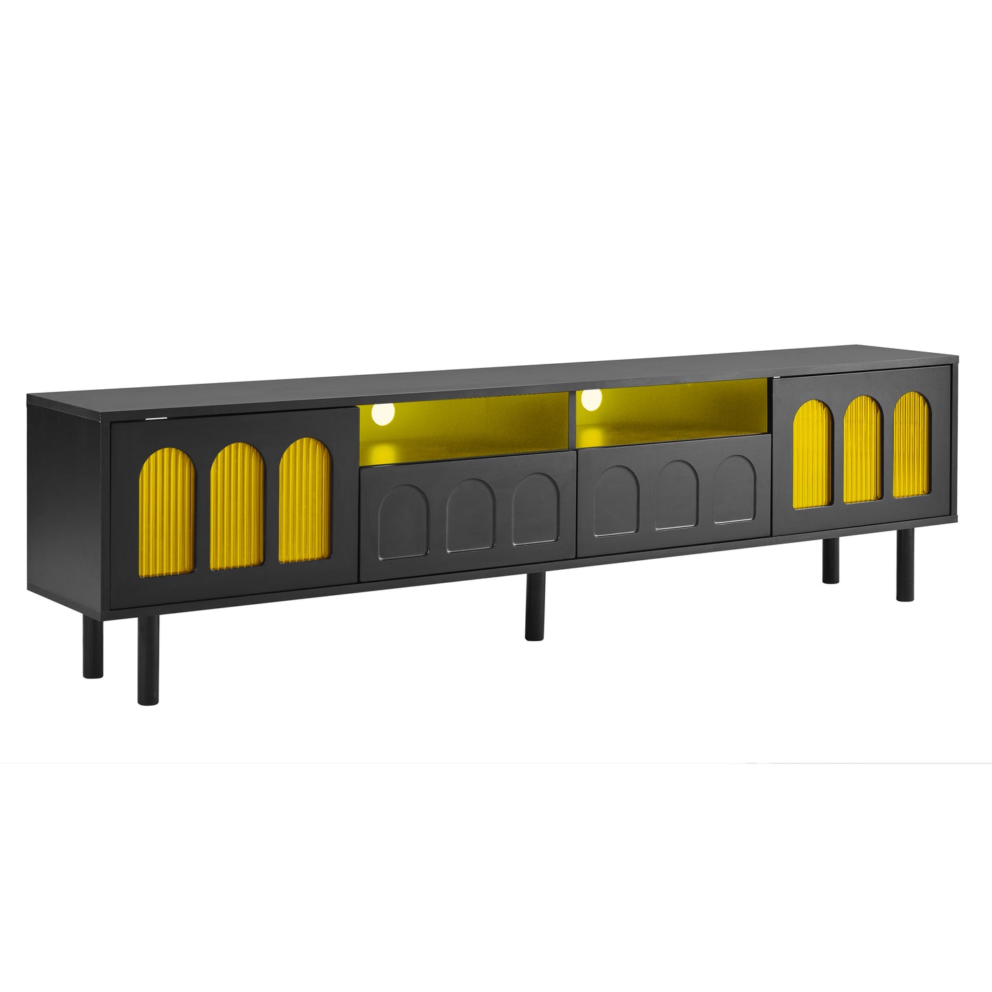 ON-TREND Cream Style TV Stand with LED Light Strip for TVs Up to 80'', Graceful Entertainment Center with 5 Solid Wood Legs, Large Storage Media Console with Fluted Tempered Glass Doors, Black