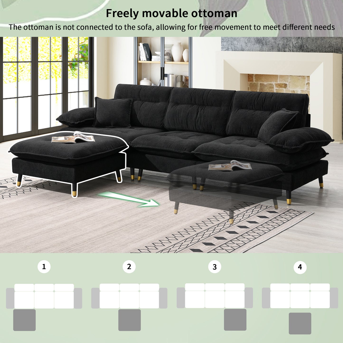 106*66.5" L shaped Convertible Sectional Sofa,4 Seat Tufted Couch Set with Two-tone Adjust Legs,Cloud Chenille Fabric,Movable Ottoman for Living Room, Apartment,Office,3 Colors
