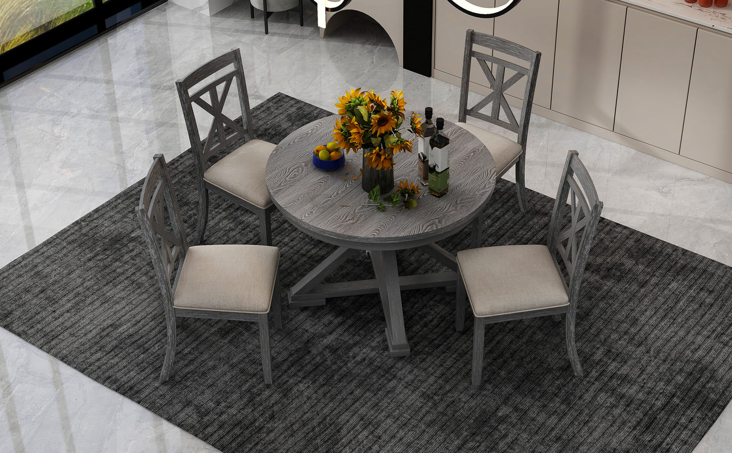 TREXM 5-Piece Retro Functional Dining Table Set Extendable Round Table and 4 Upholstered Chairs for Dining Room and Living Room (Grey)