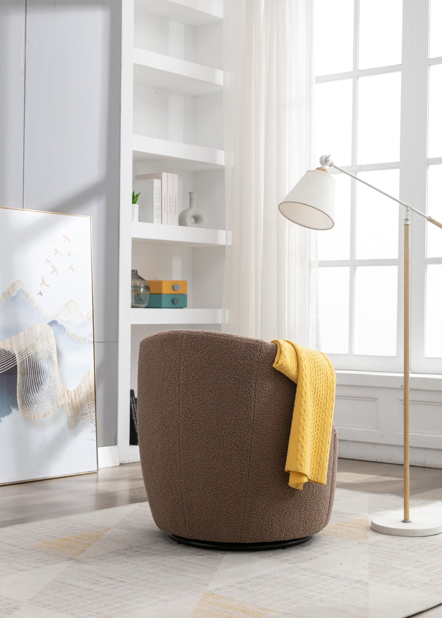 Teddy Fabric Swivel Accent Armchair Barrel Chair With Black Powder Coating Metal Ring,Coffee Brown
