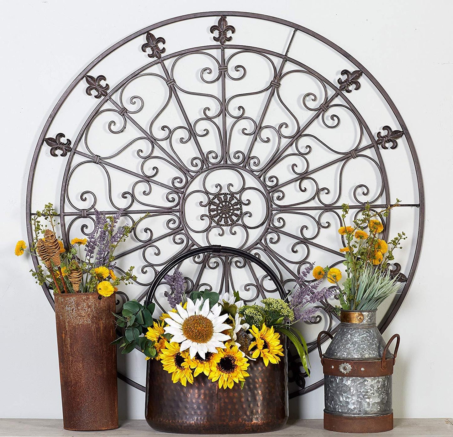 Medallón redondo de 42 pulgadas para pared, decoración de metal con acento, diseño circular hecho a mano, color negro antiguo
