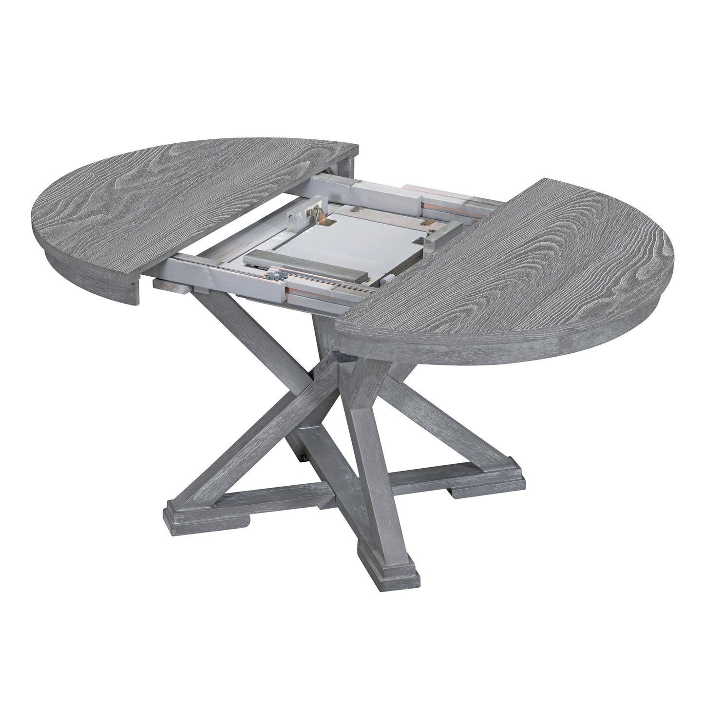 TREXM 5-Piece Retro Functional Dining Table Set Extendable Round Table and 4 Upholstered Chairs for Dining Room and Living Room (Grey)