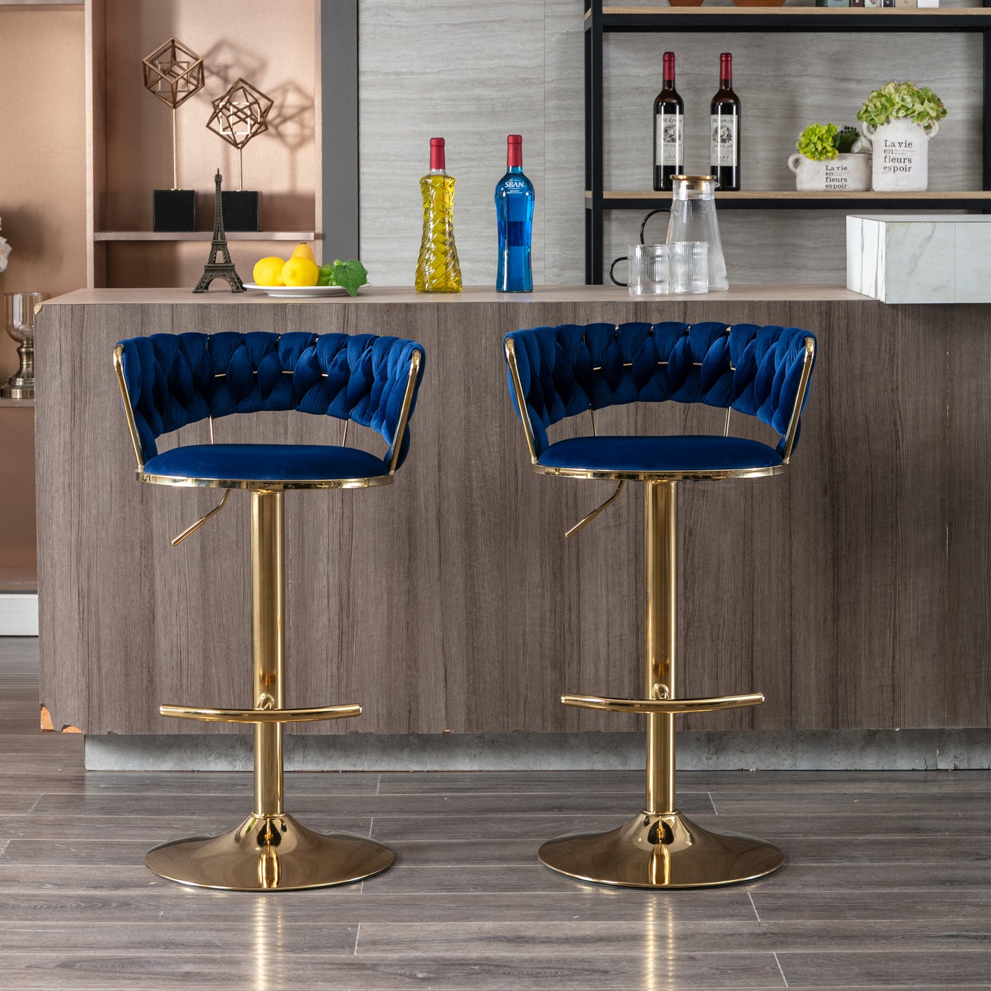 Set of 2 Bar Stools,with Chrome Footrest and Base Swivel Height Adjustable Mechanical Lifting Velvet + Golden Leg Simple Bar Stool-BLUE