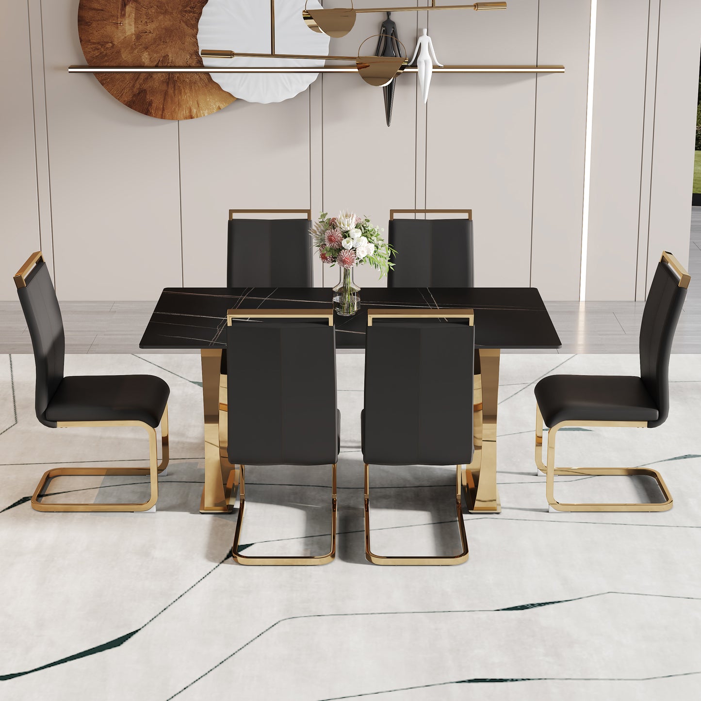 Table and chair set,Modern rectangular table with 0.4 inch black patterned tabletop and gold legs, suitable for kitchen, dining room, and living room , Comfortable PU seats,perfect for dinner, meet