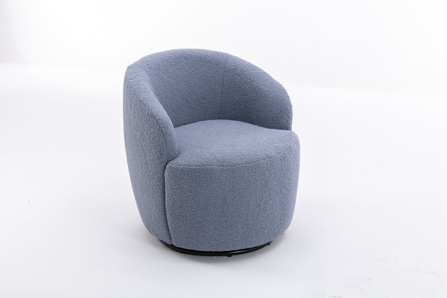 Sillón giratorio de tela Teddy con acento tipo barril y aro metálico con recubrimiento en polvo negro, azul claro