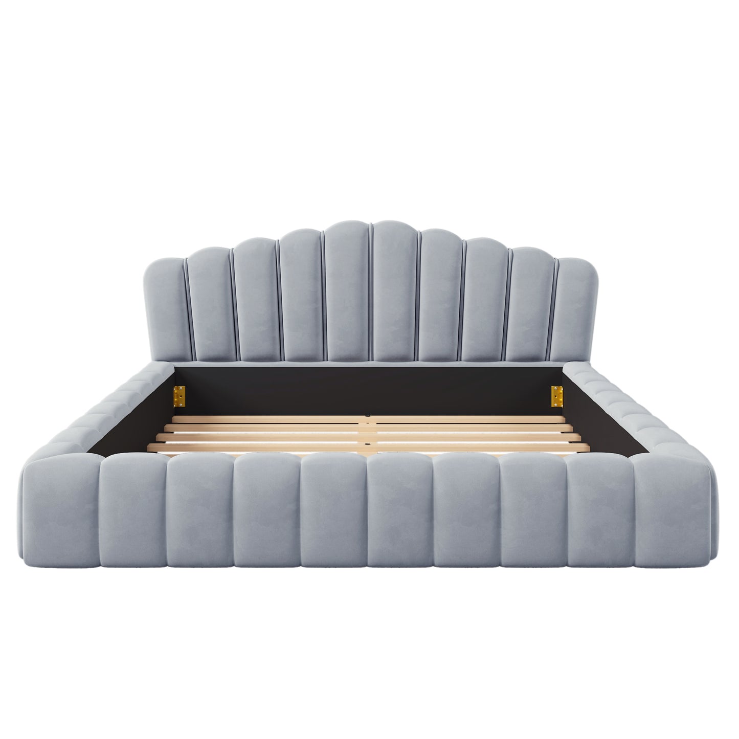 Cama Queen tapizada en terciopelo con marco de suelo y cabecero en forma de concha para dormitorio, sin necesidad de somier, color azul claro