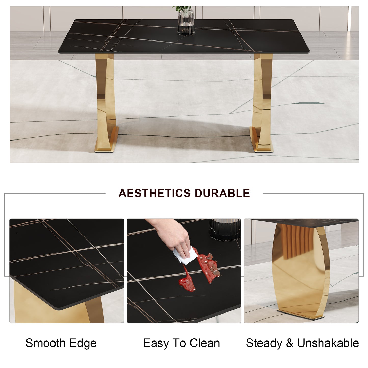 Table and chair set,Modern rectangular table with 0.4 inch black patterned tabletop and gold legs, suitable for kitchen, dining room, and living room , Comfortable PU seats,perfect for dinner, meet