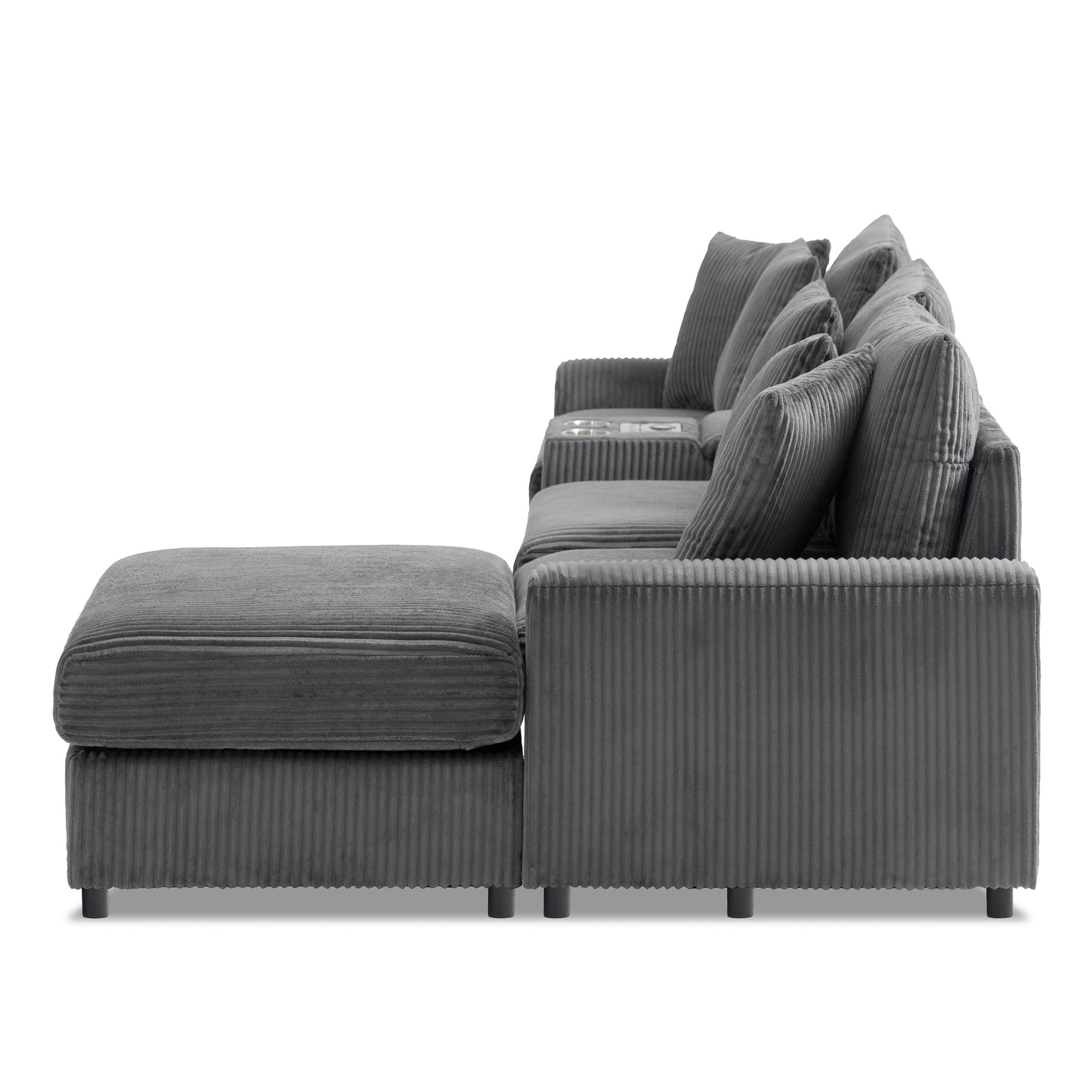 114*64'' Corduroy Sectional Sofa with Bluetooth Speakers,L Shaped Couch with Console,USB Charger,Cup Holders,Storage,Ottoman,Deep and Wide Seat Cloud Sofa for Living Room,Apartment,2 Colors