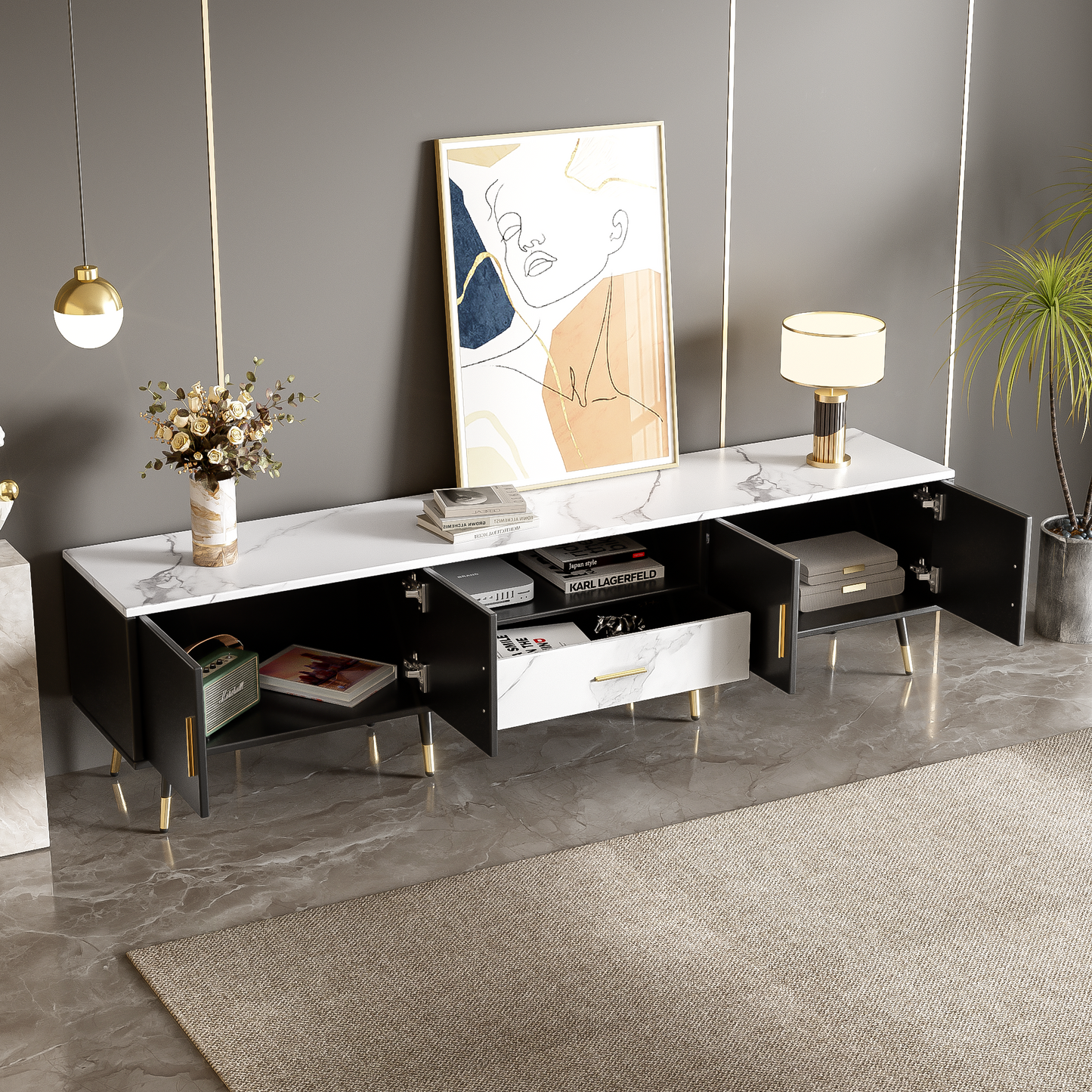 71'' Modern TV Stand with 2 Cabinets& Open Compartments, Entertainment Center for TVs up to 80'', Television Console for Living Room, Bedroom, Home Theatre