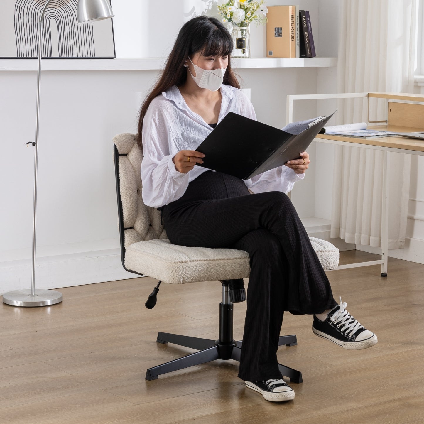Armless Office Desk Chair No Wheels, WHITE