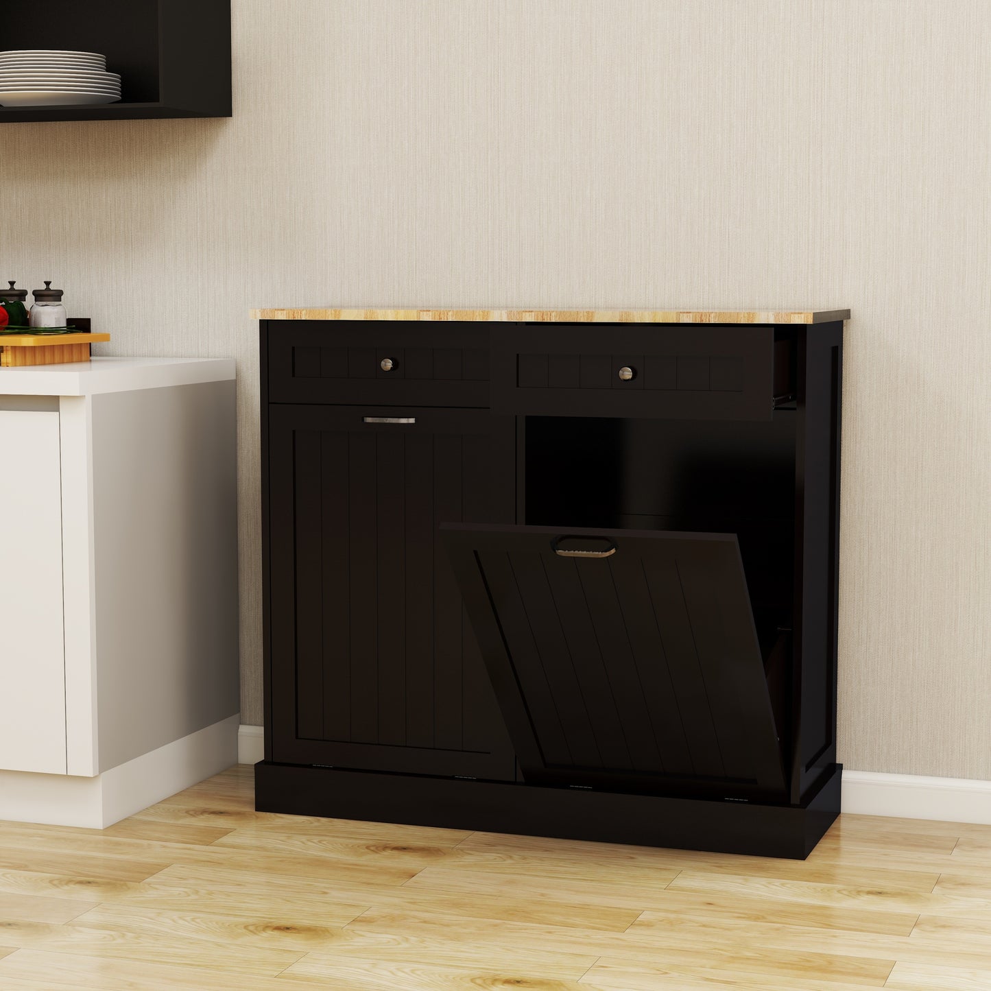 Gabinete de basura abatible con dos cajones y dos compartimentos Gabinete de basura de cocina - Negro