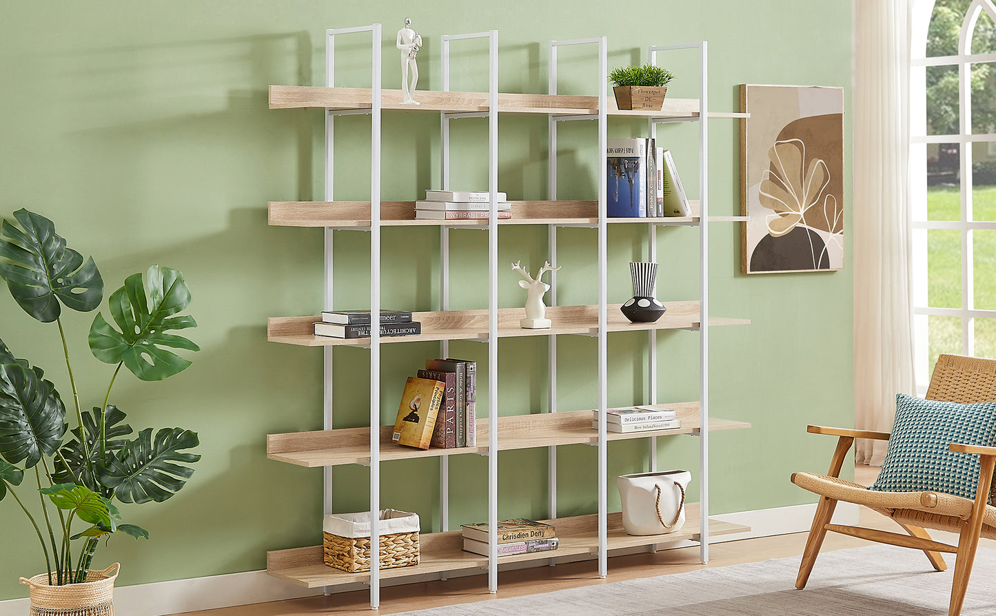 Librería de 5 niveles para oficina en casa, estilo industrial vintage, tablero de MDF, estructura de metal blanco, roble