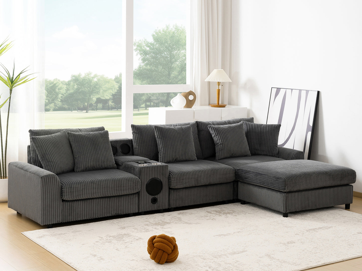 114*64'' Corduroy Sectional Sofa with Bluetooth Speakers,L Shaped Couch with Console,USB Charger,Cup Holders,Storage,Ottoman,Deep and Wide Seat Cloud Sofa for Living Room,Apartment,2 Colors