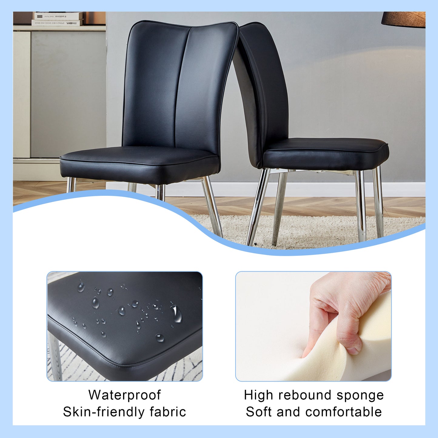 Table and chair set.Elegant Transparent Tempered Glass Dining Set - 71"x35.4" with 6 Black PU Chairs with a vertical stripe design on the backrest.
