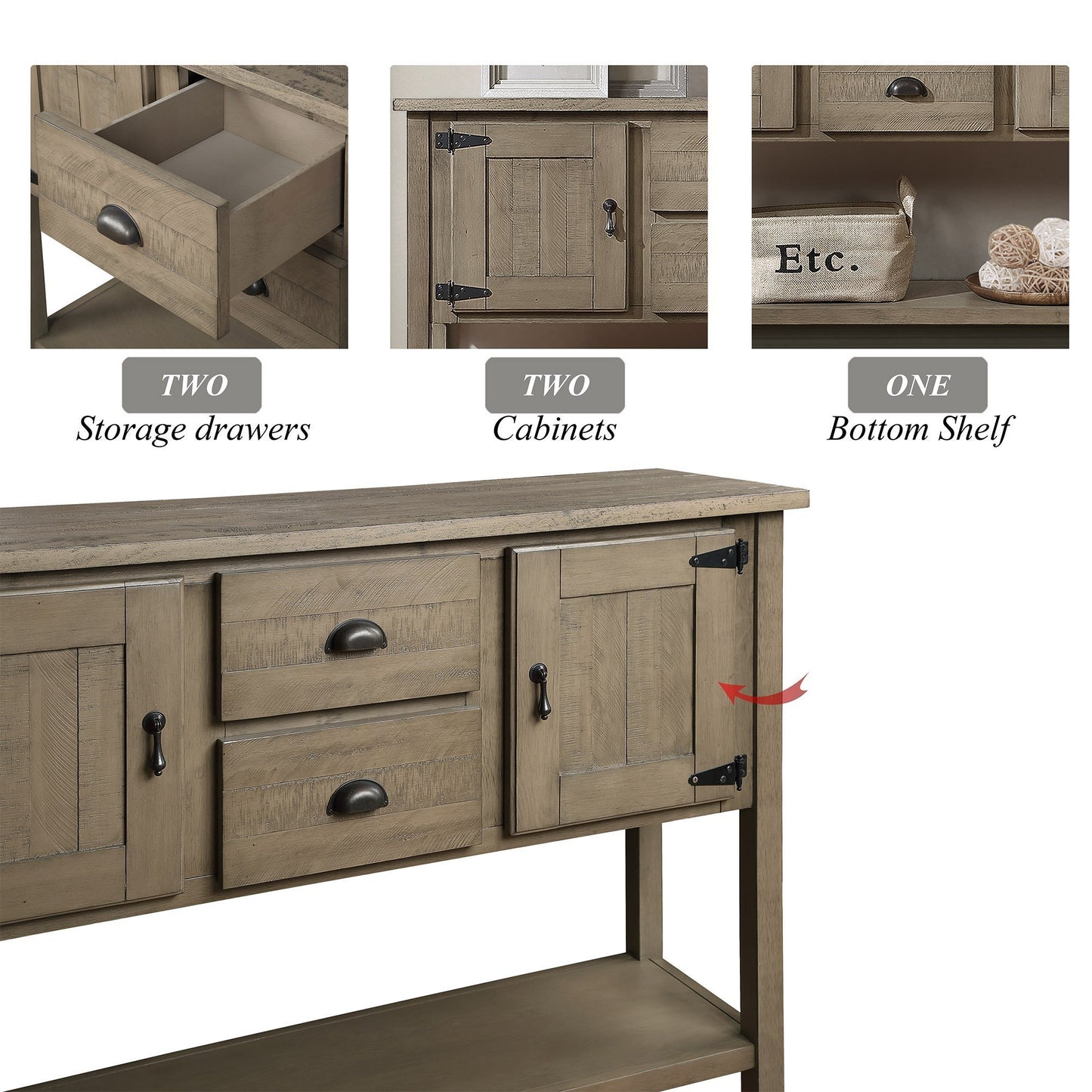 Aparador de madera maciza de 48 pulgadas con 2 cajones, gabinetes y estante inferior, estilo retro, para comedor, sala de estar, cocina y comedor (rústico).