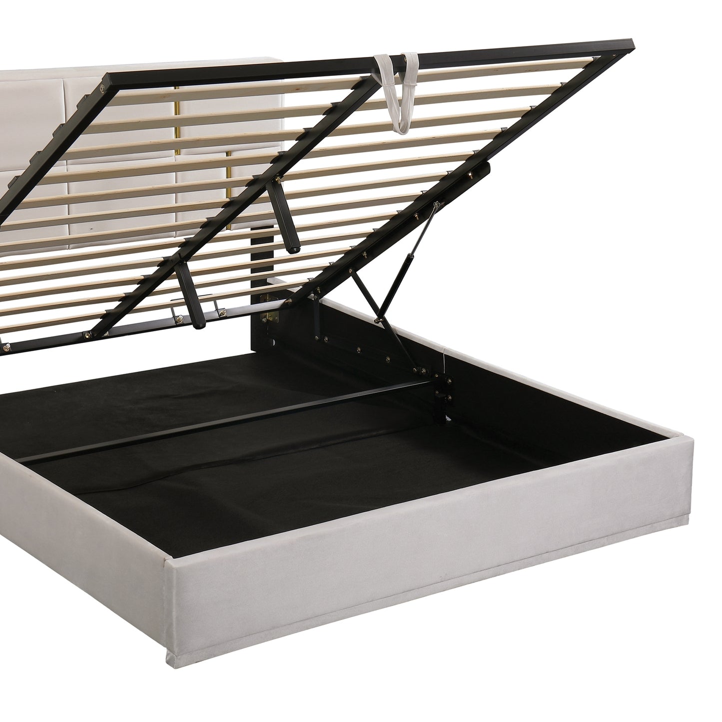 Juego de dormitorio de 2 piezas, cama Queen con plataforma tapizada y sistema de almacenamiento hidráulico, otomana con patas de metal, color beige.