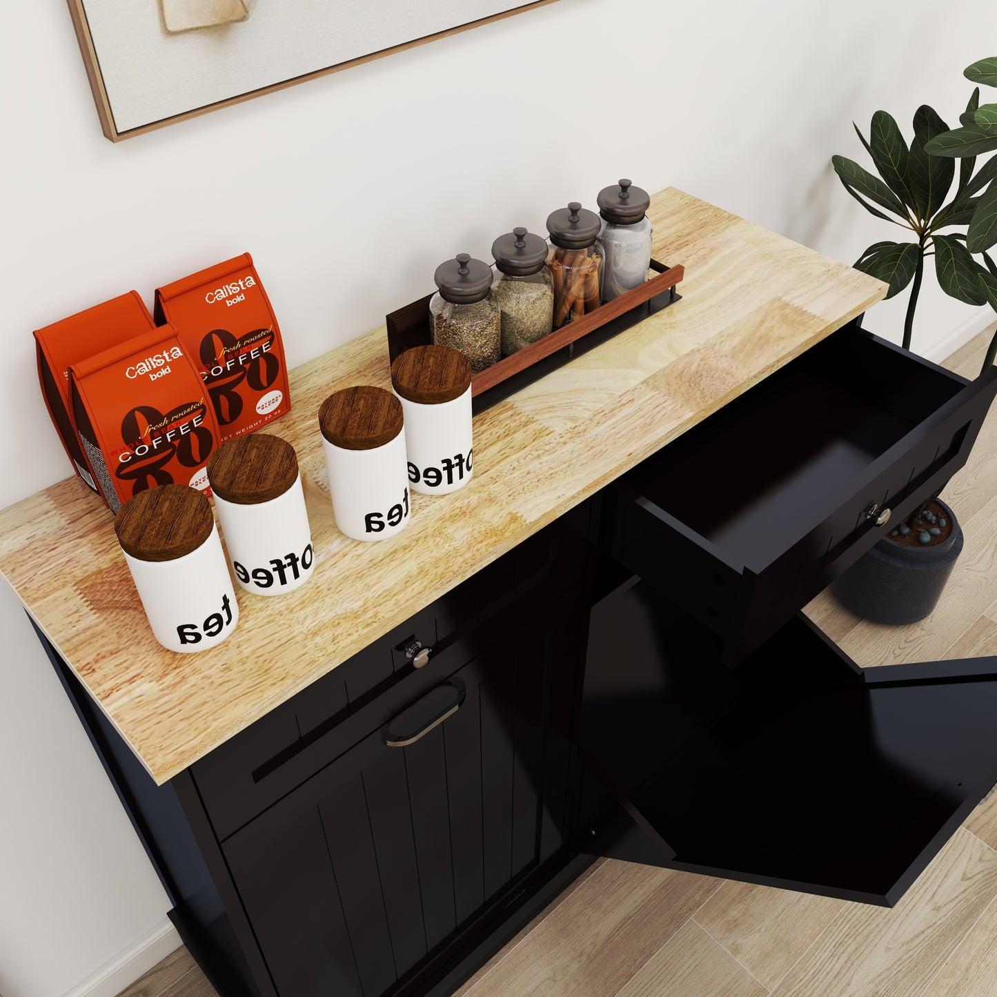 Gabinete de basura abatible con dos cajones y dos compartimentos Gabinete de basura de cocina - Negro