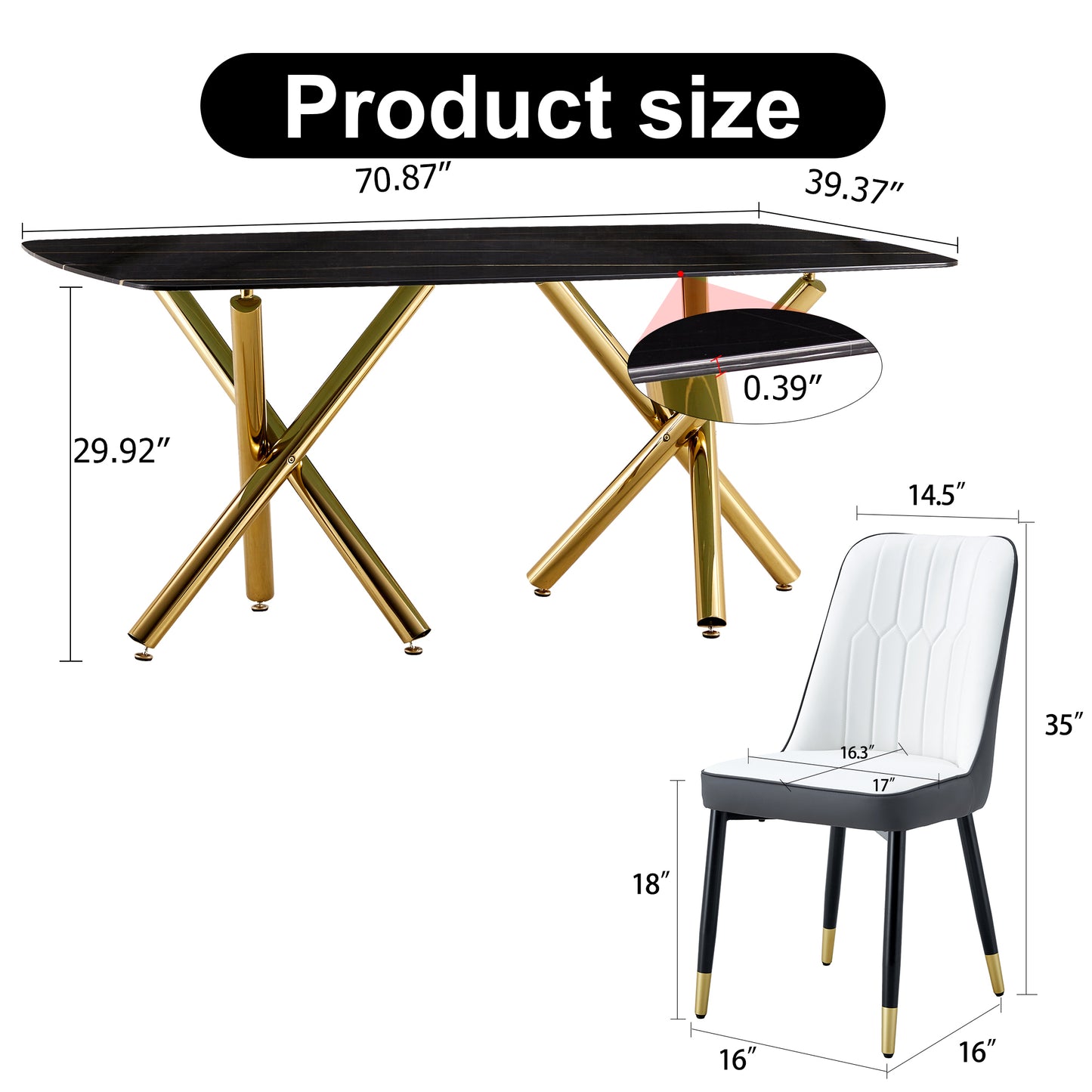 Large modern minimalist rectangular dining table with 0.39 "imitation marble black tabletop and golden metal legs, paired with chairs with PU cushions and black metal legs. F-1538 C-007