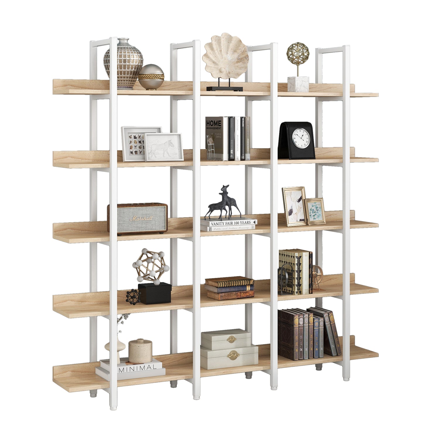 Librería de 5 niveles para oficina en casa, estilo industrial vintage, tablero de MDF, estructura de metal blanco, roble