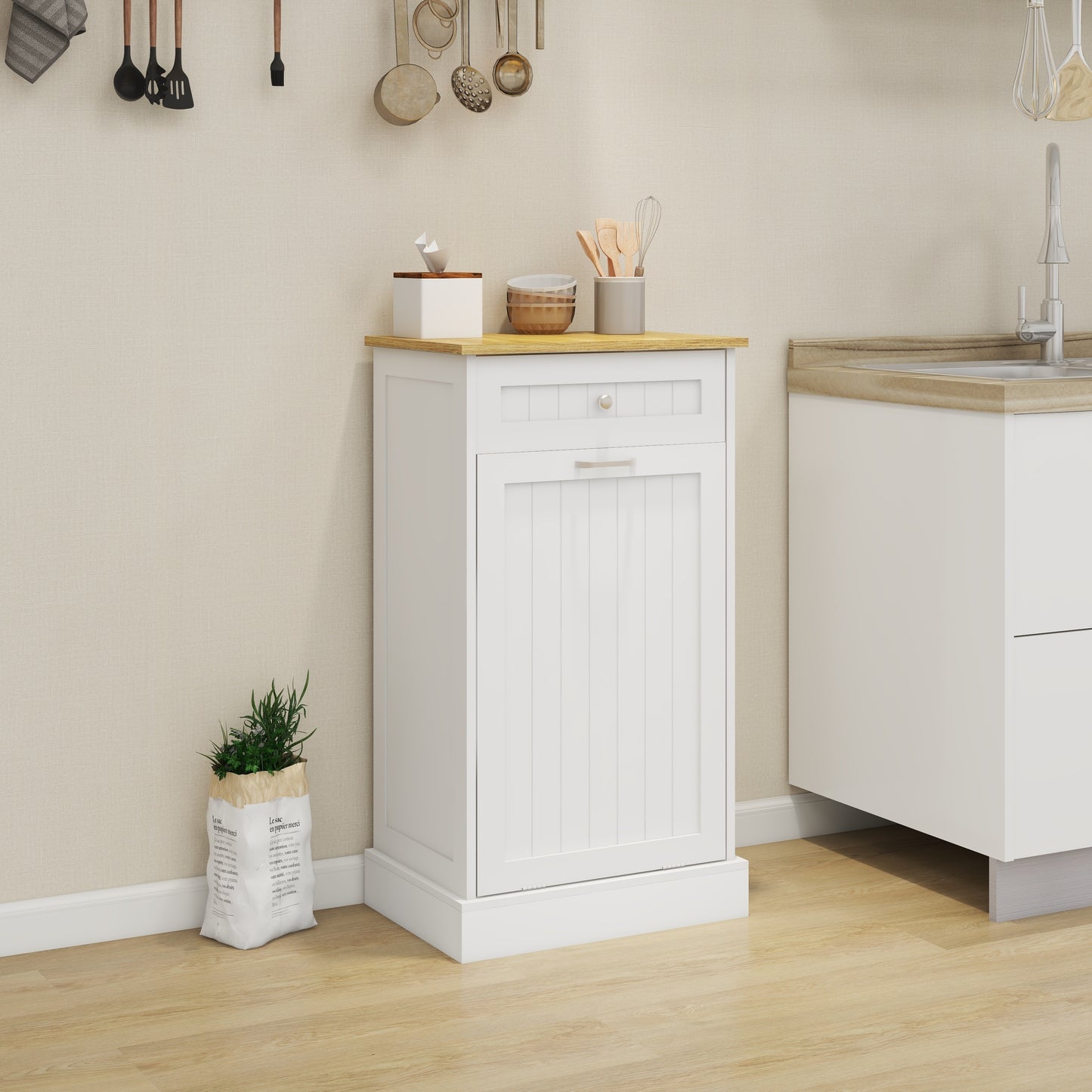 Gabinete de basura abatible con un cajón y un compartimento para cocina, color blanco