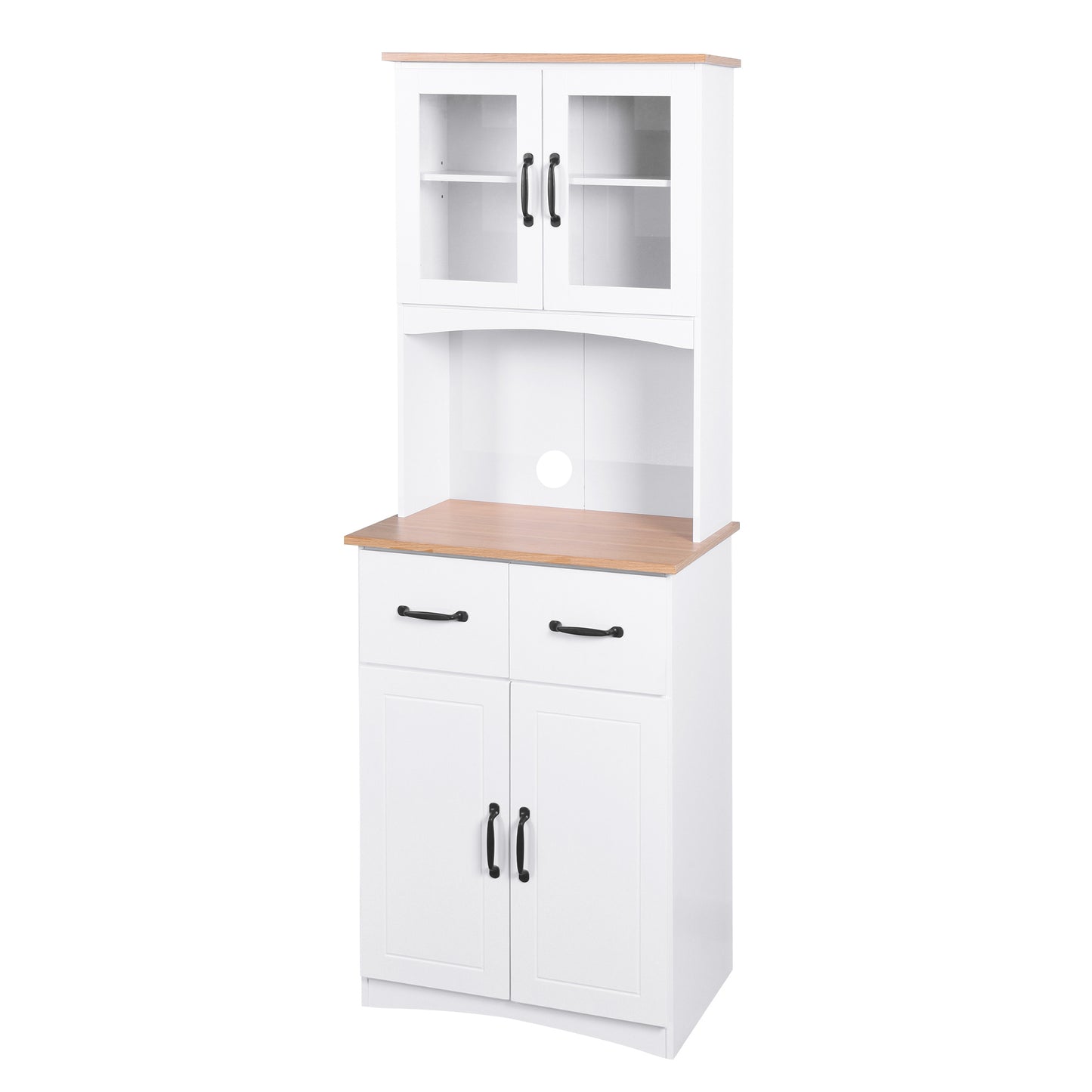 Gabinete de cocina de madera blanco para despensa, armario para microondas con puertas de vidrio enmarcadas y cajón.