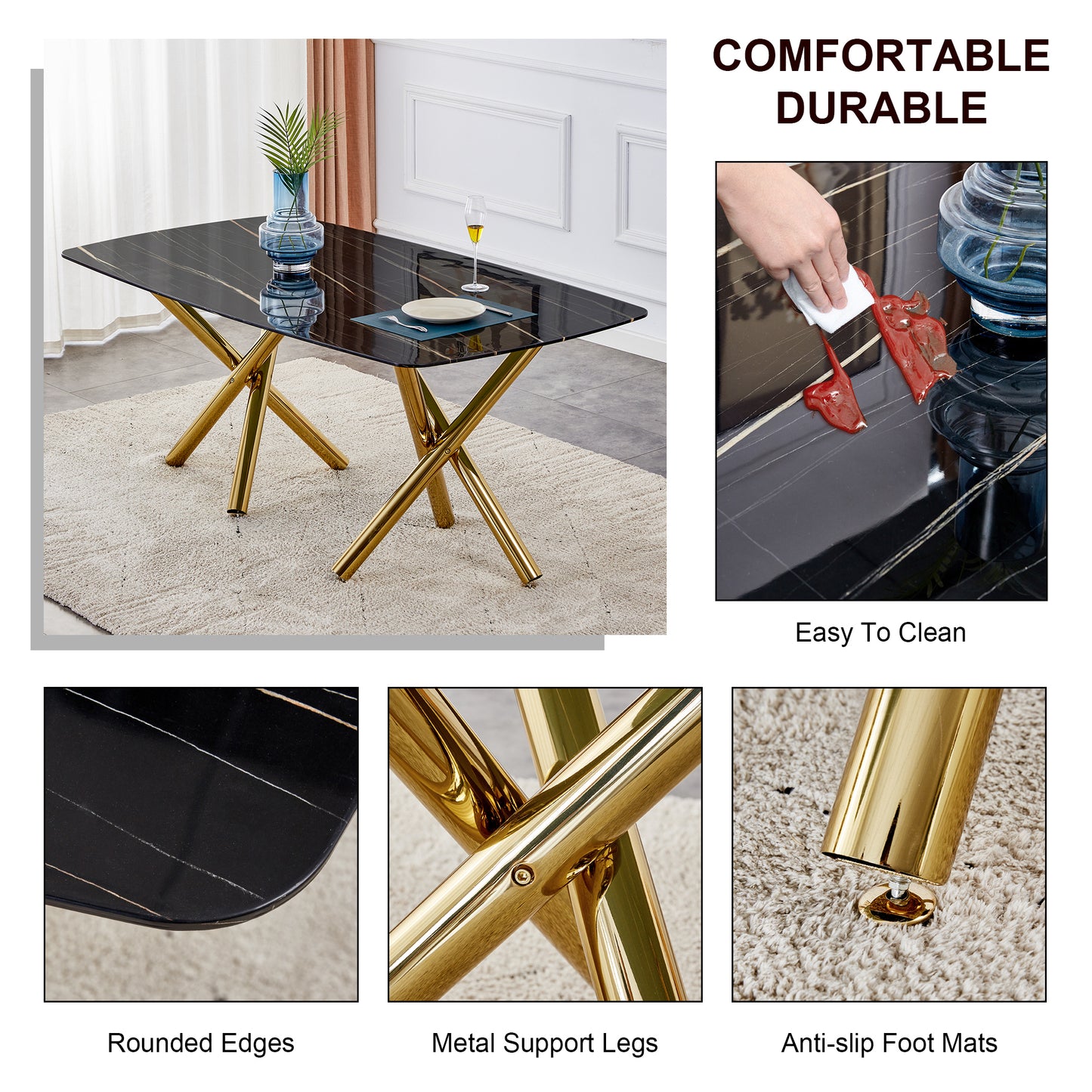 Large modern minimalist rectangular dining table with 0.39 "imitation marble black tabletop and golden metal legs, paired with chairs with PU cushions and black metal legs. F-1538 C-007
