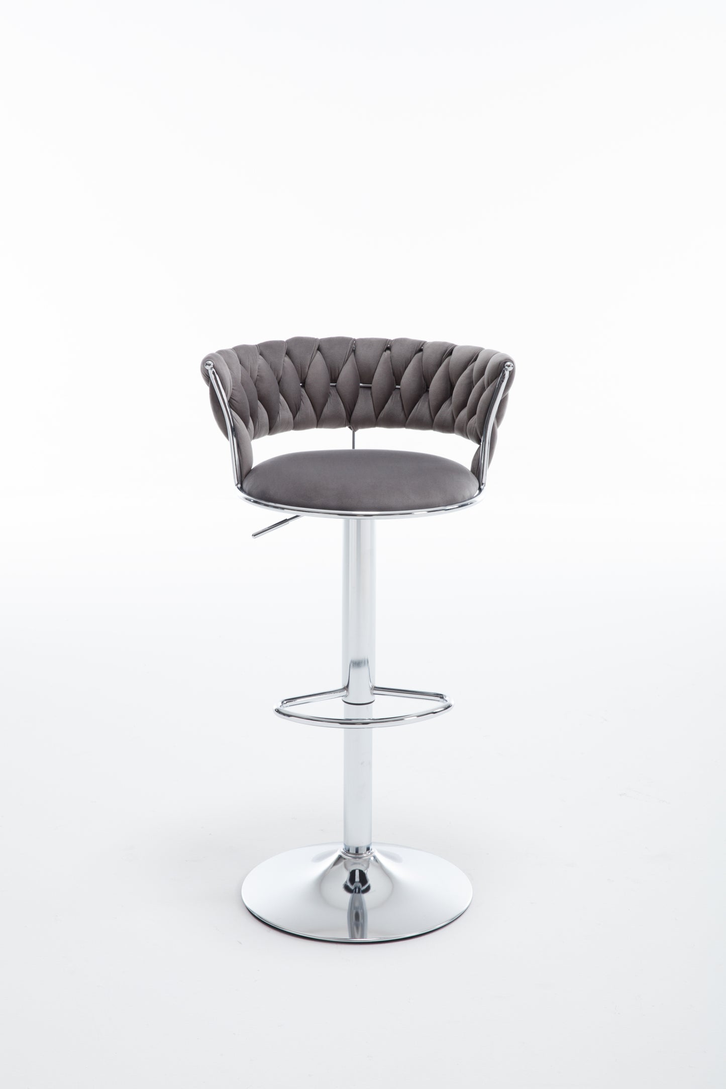 Set of 2 Bar Stools,with Chrome Footrest and Base Swivel Height Adjustable Mechanical Lifting Velvet + Bar Stool-GREY