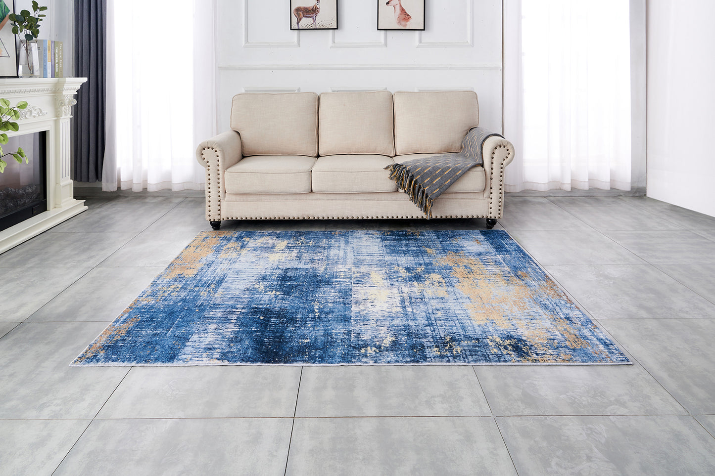 ZARA Collection Abstract Design Blue Gold (6' ft x 4' ft) Machine Washable Super Soft Area Rug