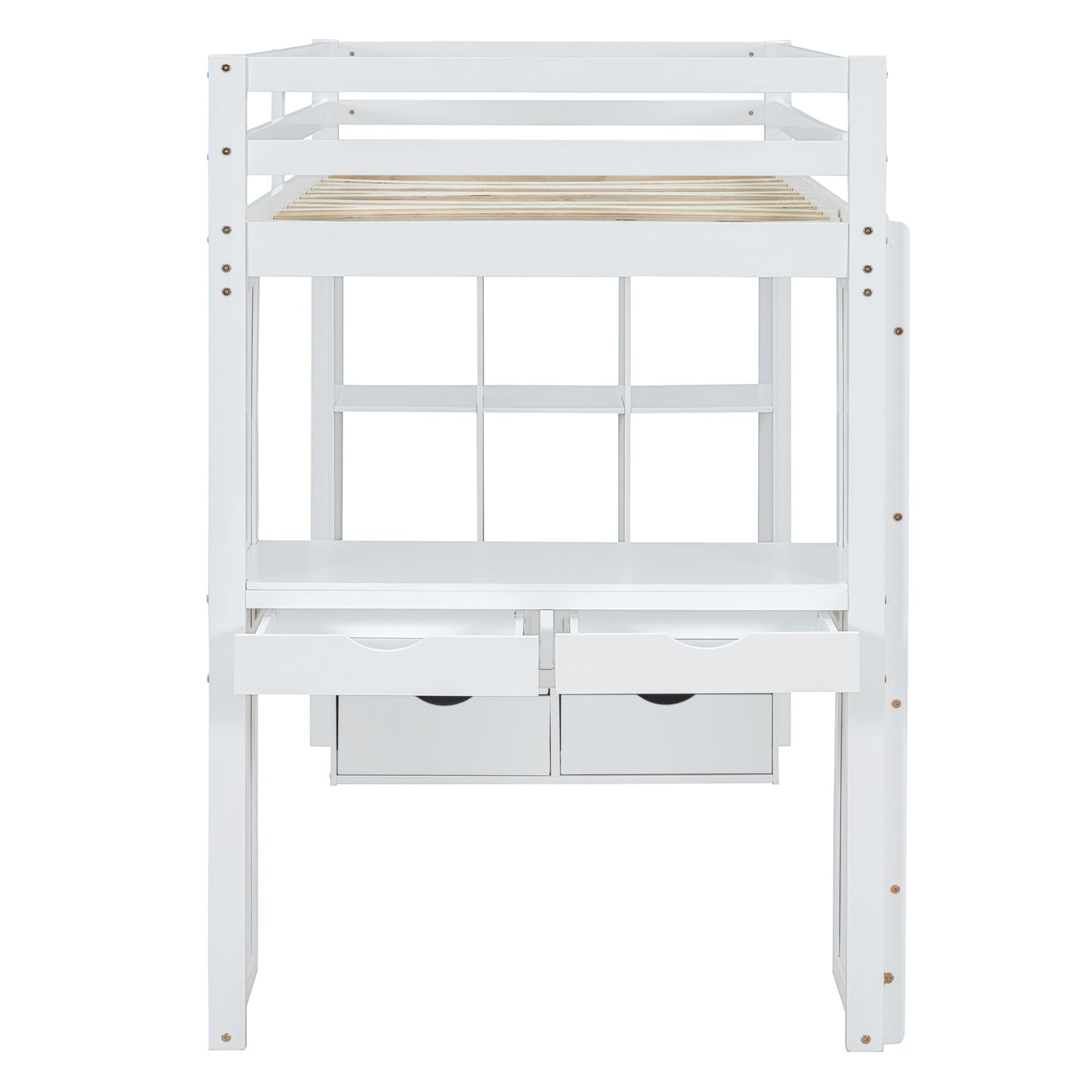 Twin Size Loft Bed with large shelves, writing desk and LED Light, White