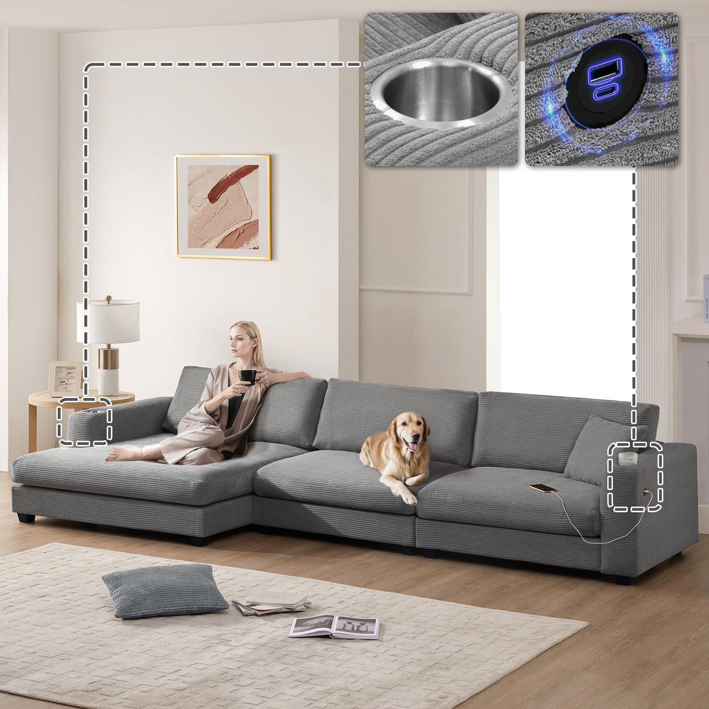 Sofá seccional extragrande de pana de 134 x 54 pulgadas, sofá nube en forma de L con puerto de carga USB, portavasos, sofá cama profundo con chaise longue de 50 pulgadas, cómodo mueble de interior para sala de estar, 3 colores