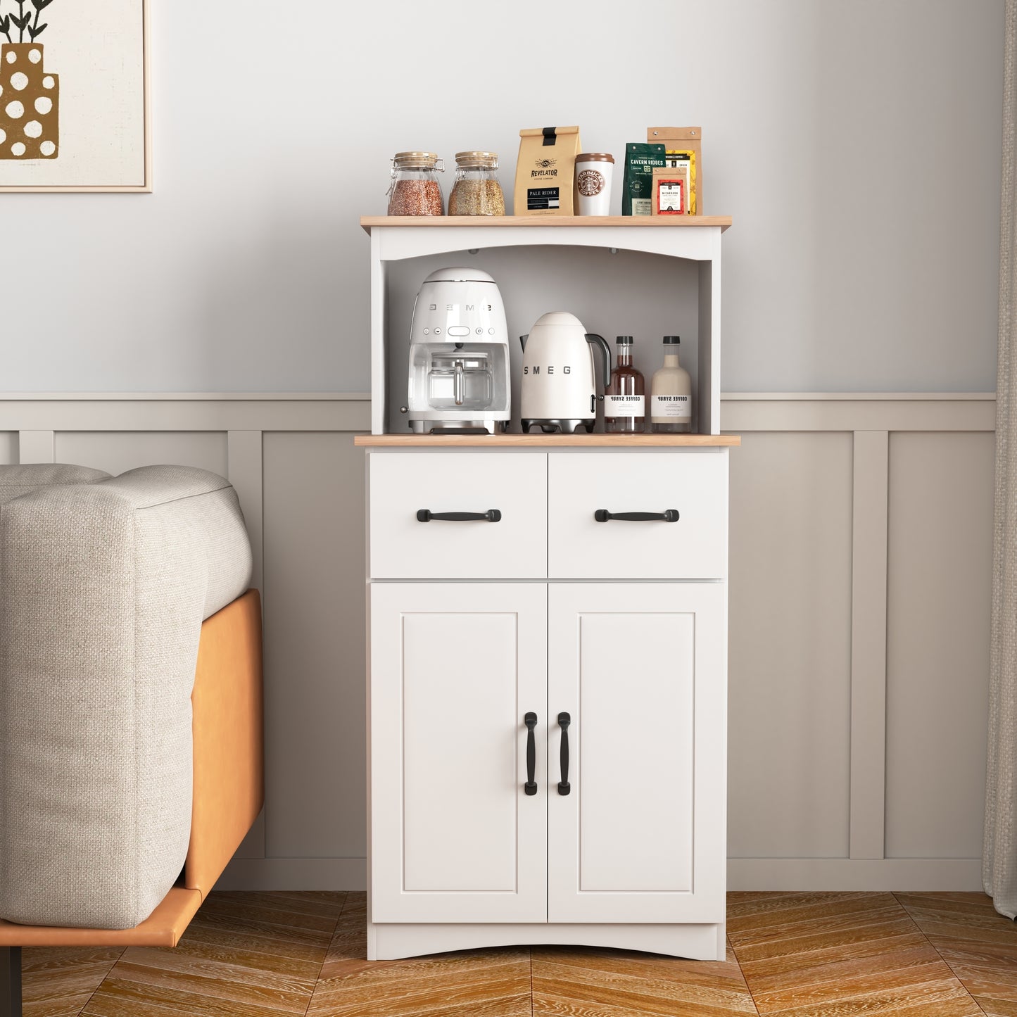 Gabinete de cocina de madera blanco, despensa, armario para microondas con cajón de almacenamiento