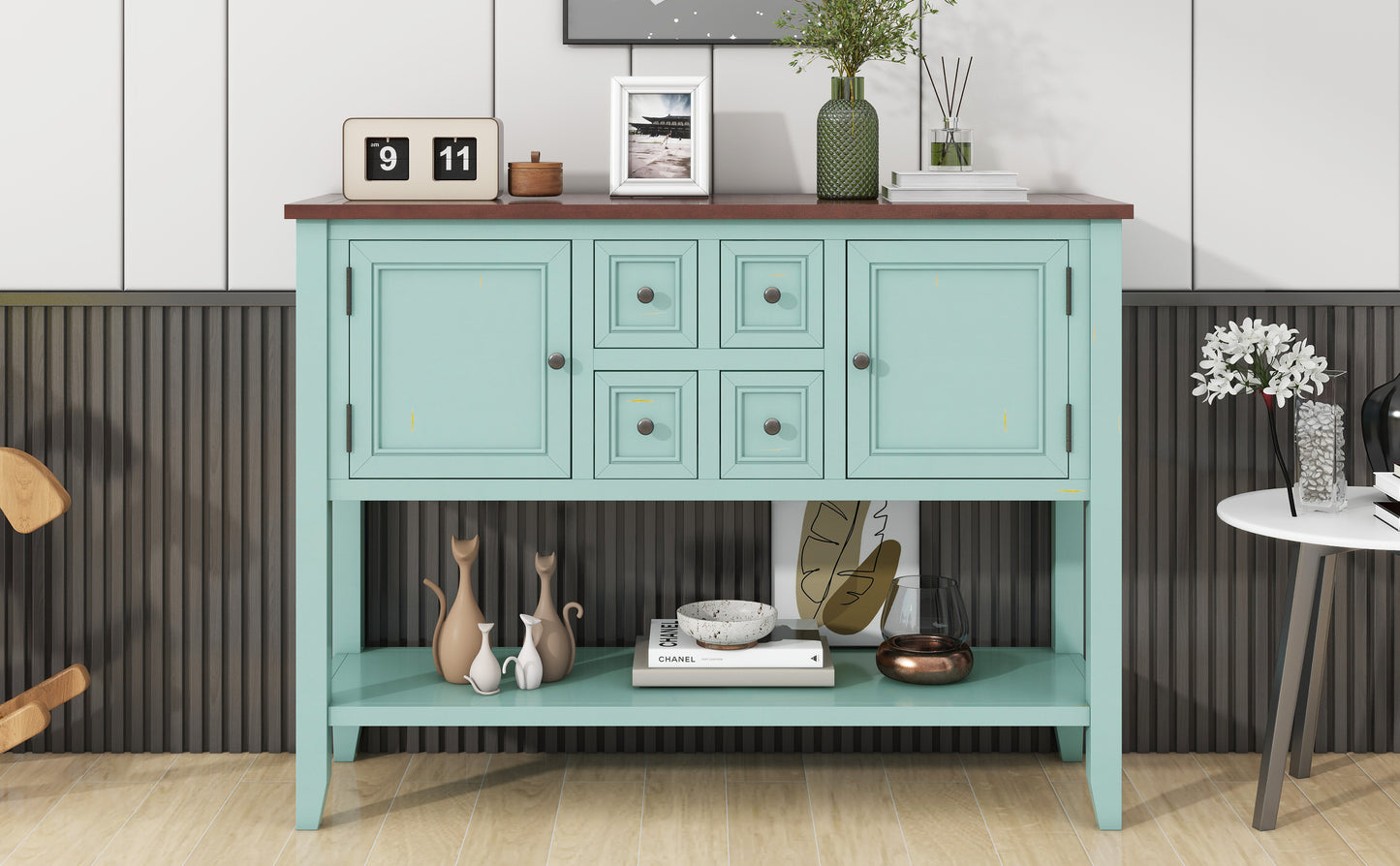 TREXM Cambridge Series Ample Storage Vintage Console Table with Four Small Drawers and Bottom Shelf for Living Rooms, Entrances and Kitchens (Retro Blue, OLD SKU: WF190263AAC)