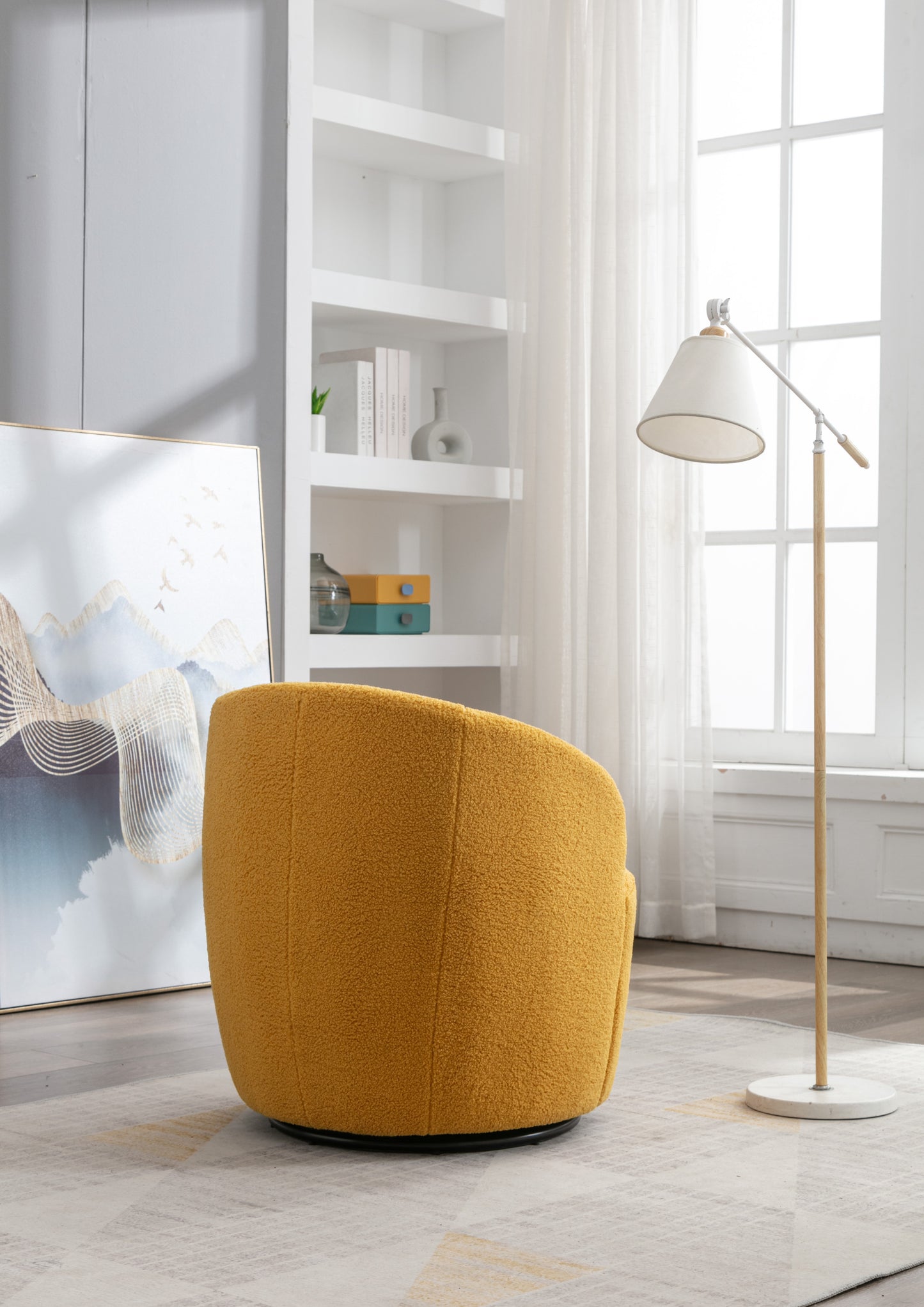 Sillón giratorio de tela Teddy con acento tipo barril y aro metálico con recubrimiento en polvo negro, amarillo