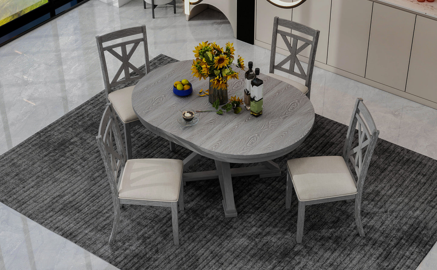 TREXM 5-Piece Retro Functional Dining Table Set Extendable Round Table and 4 Upholstered Chairs for Dining Room and Living Room (Grey)