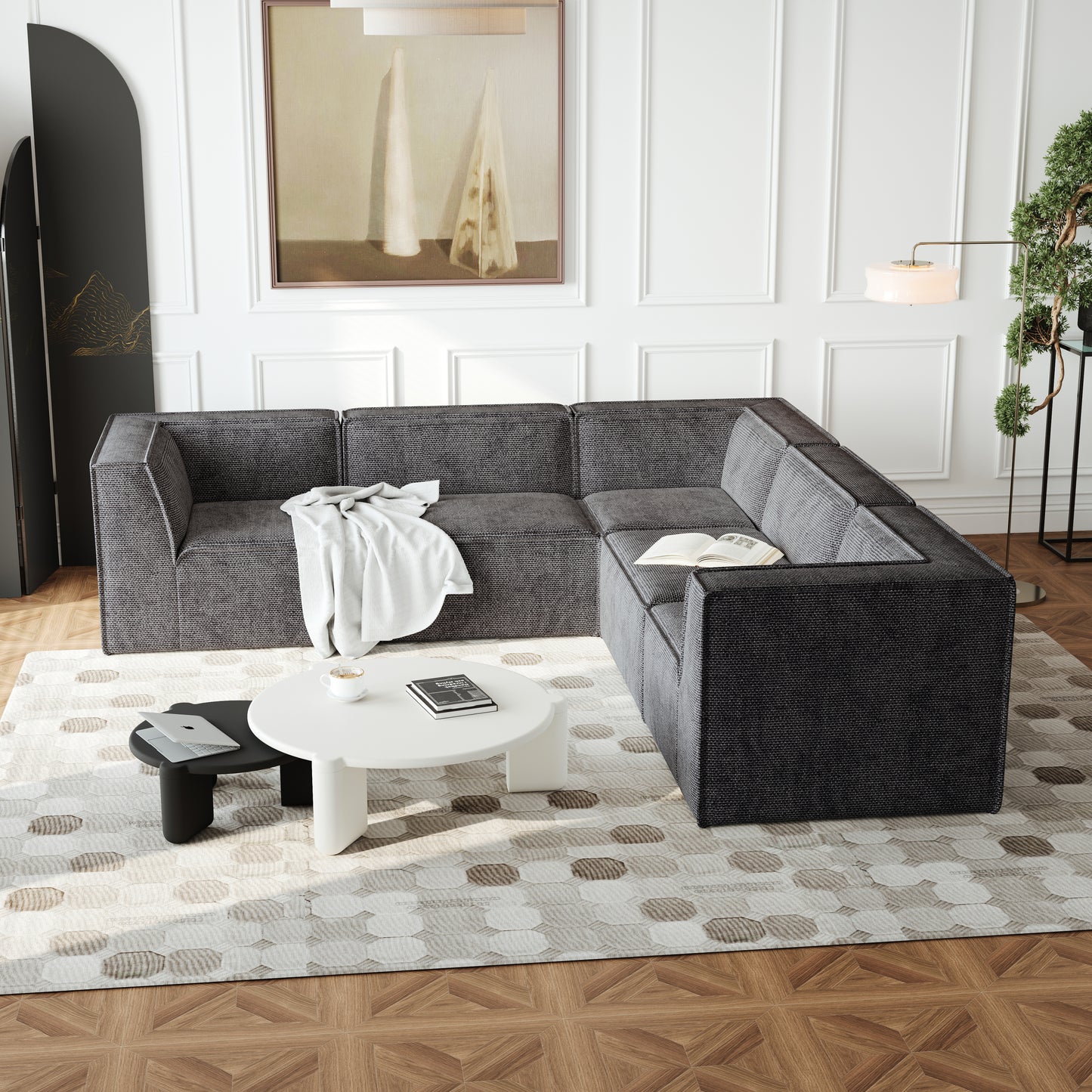 106*106" Chenille Modular L Shaped Sectional Sofa,Luxury Floor Couch Set,Upholstered Indoor Furniture,Foam-Filled Compressed Sofa for Living Room,Bedroom,5 PC Free Combination