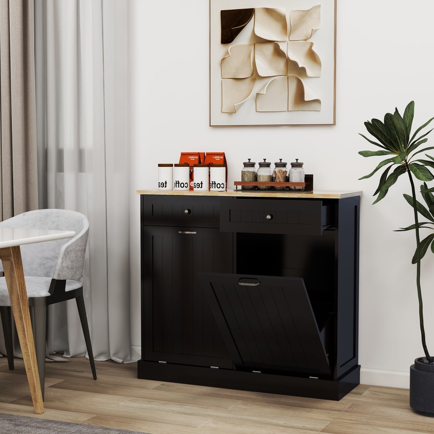 Gabinete de basura abatible con dos cajones y dos compartimentos Gabinete de basura de cocina - Negro