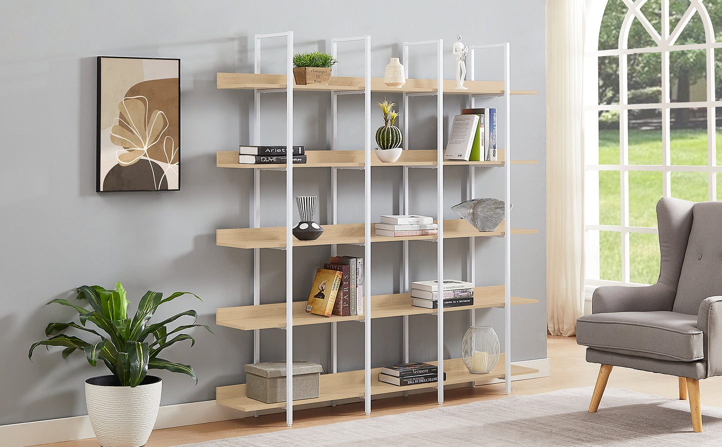 Librería de 5 niveles para oficina en casa, estilo industrial vintage, tablero de MDF, estructura de metal blanco, roble