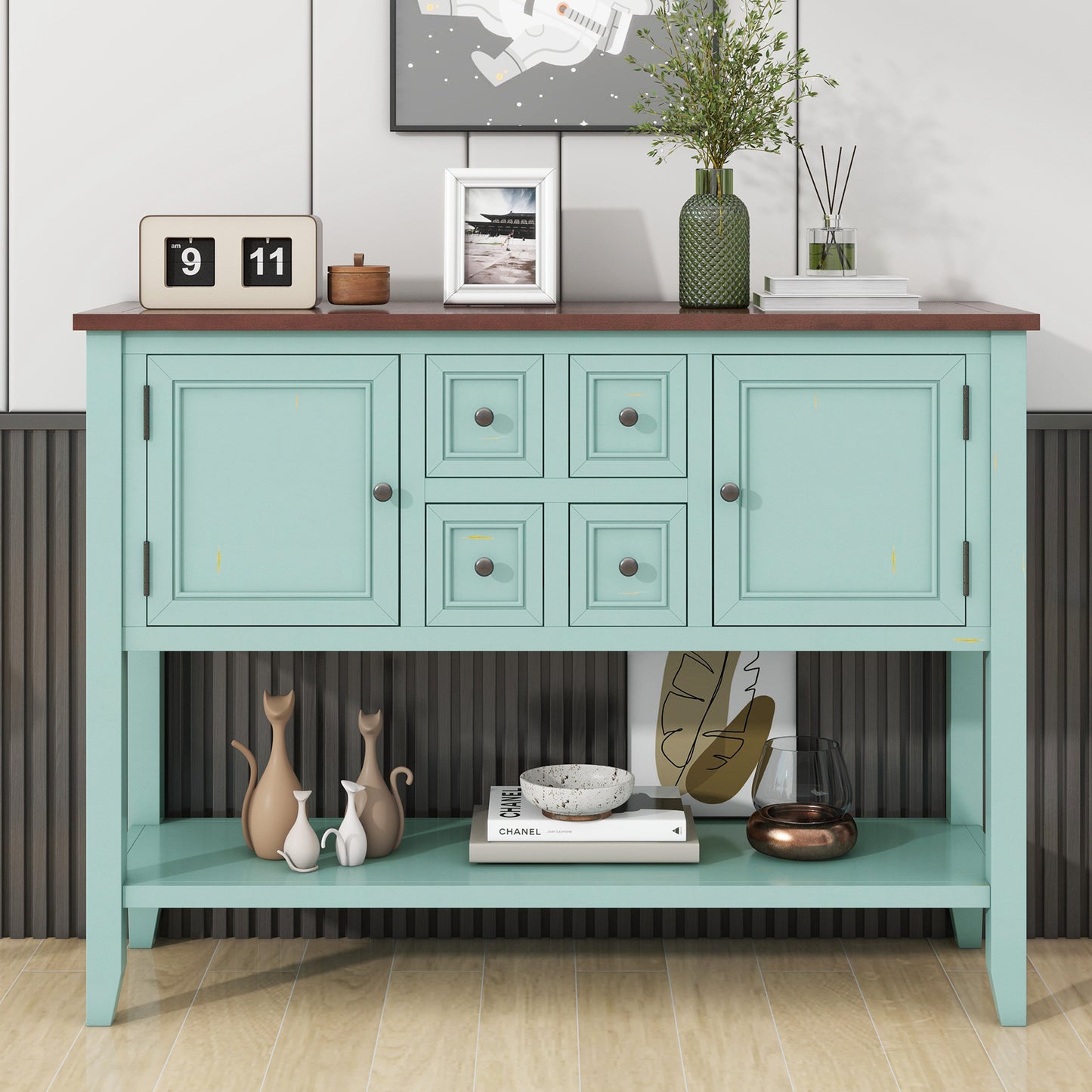TREXM Cambridge Series Ample Storage Vintage Console Table with Four Small Drawers and Bottom Shelf for Living Rooms, Entrances and Kitchens (Retro Blue, OLD SKU: WF190263AAC)